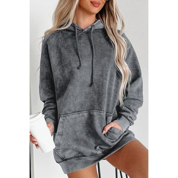 Azura Exchange  Gray Mineral Wash Kangaroo Pocket Drawstring Pullover Hoodie - Picture 7 of 15